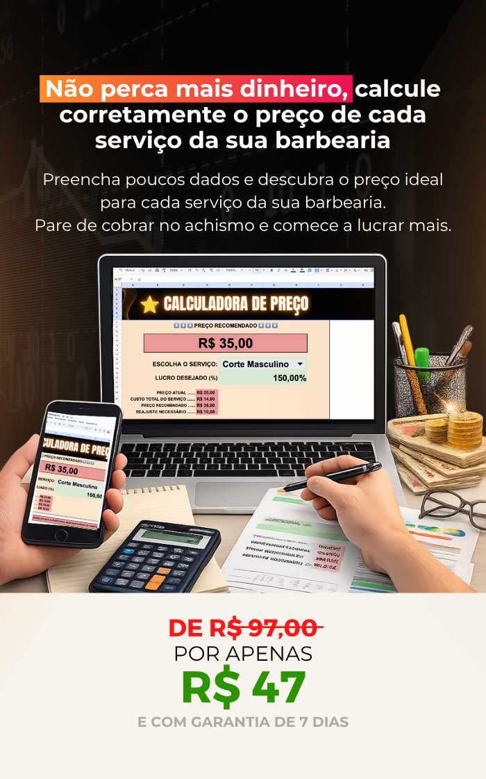Dobra 1 da página de venda da Calculadora de Precificação para Barbearias